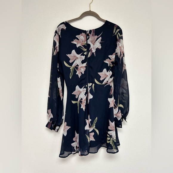 Windsor Navy Blue Floral Chiffon Long Sleeve Skater Flowy Dress M Medium - Picture 6 of 12
